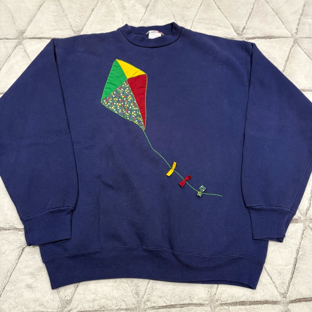 Vtg Kite Crewneck Sweater Sz L USA made Navy Blue Grannycore Cotton Blend Cozy